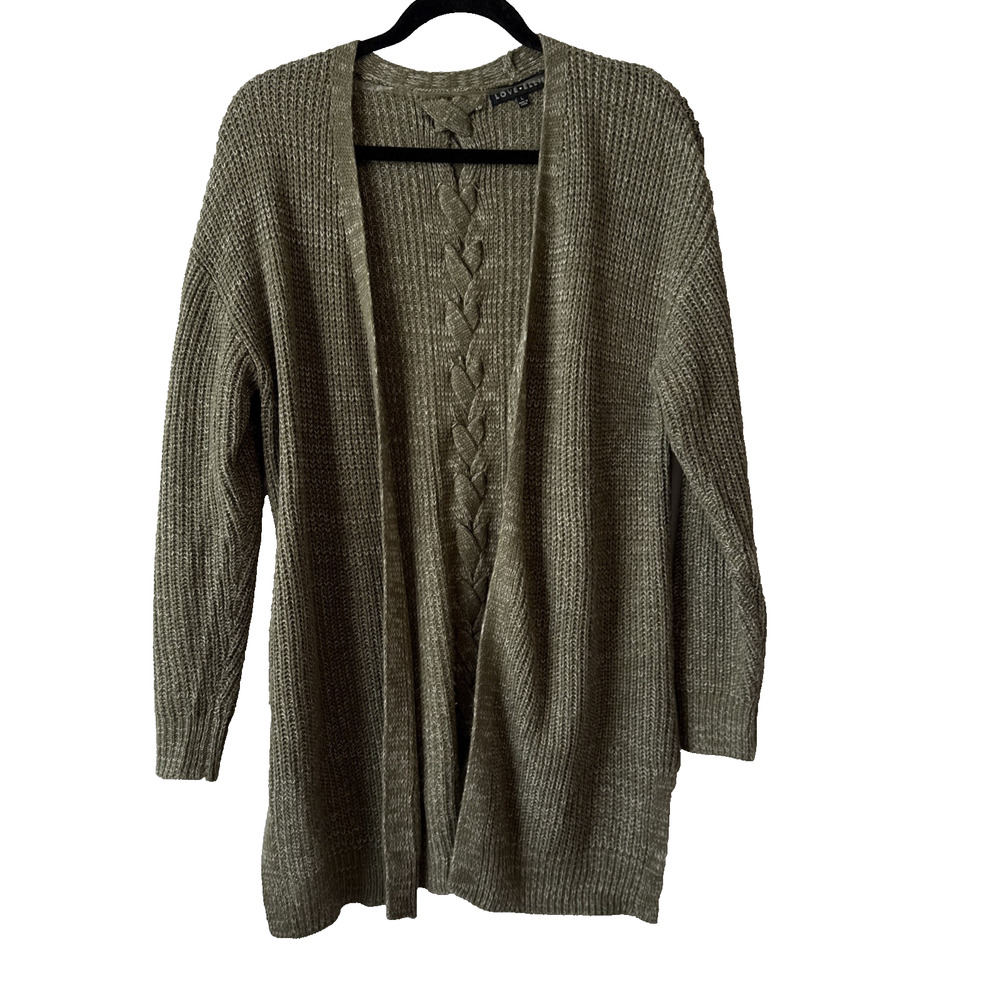 Love Ellie Women's M Boho Lace Up Back Open Front Knit Cardigan Comfy Fall Olive